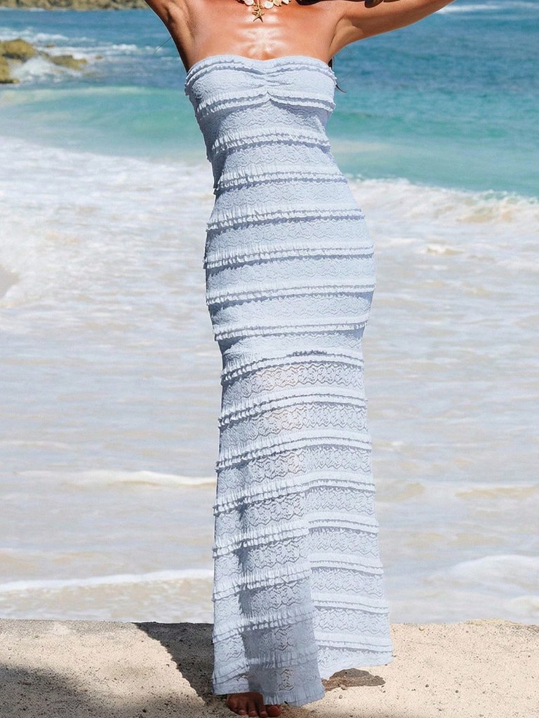 Baby Blue Casual Women's Knit Spaghetti Strap Bodycon Maxi Dress